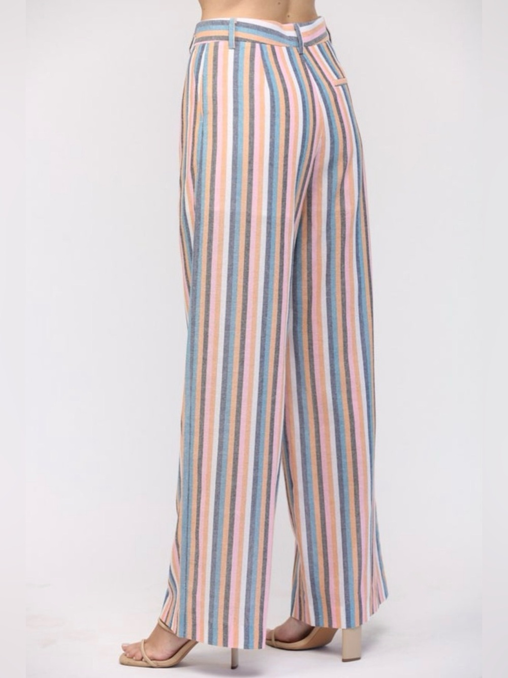 Striped Wide Leg‎ Linen-Blend Pants in Pastel Pink/ Blue Multi I Size Small - Picture 2 of 6